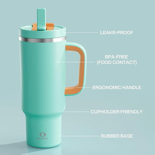 40 oz Tumbler with Handle and Straw: Stainless Steel Insulated Tumbler Keeps Cold for 24 Hours, Leakproof Travel Cup Fits in Cup Holder and BPA-Free, Soft Cyan