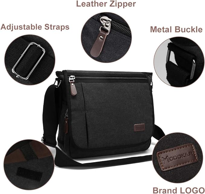 Modoker Messenger Bag for Men, 13 Inches Laptop Satchel Bags, Canvas Shoulder Bag with Bottle Pocket