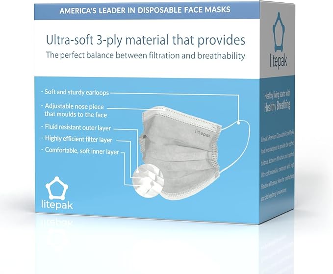 Litepak 125-Pack Disposable Face Mask Premium Comfort Earloops with Dispenser Box (Gray)