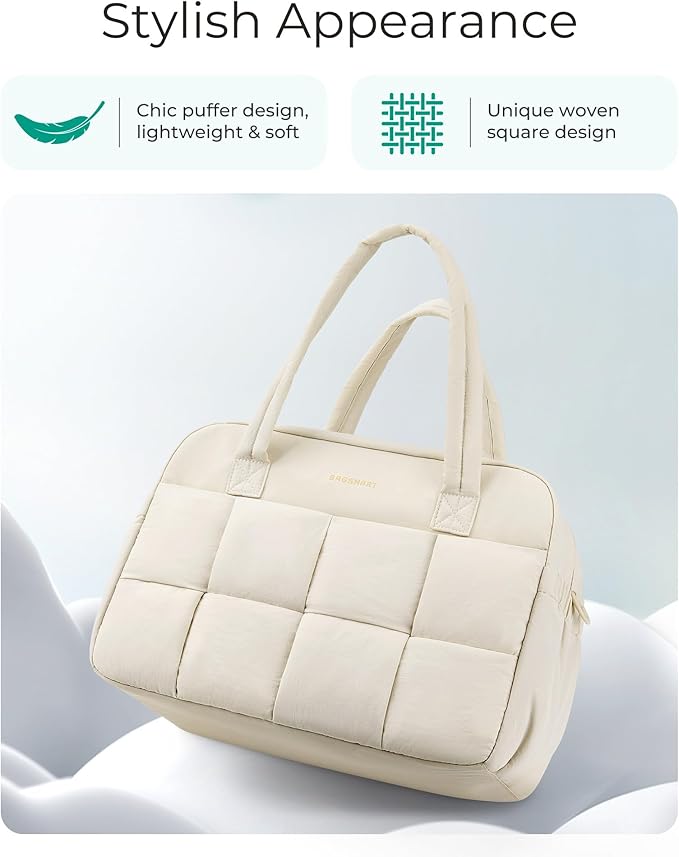 BAGSMART Gym Bag for Women, 24L Puffer Travel Duffle Bag for Travel with Laptop Compartment, Weekender Bags for Women, Carry On Duffel Bag Personal Item Bag, Beige