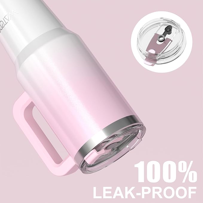 40 oz Shiny Tumbler with Handle and Straw,Stainless Steel Tumbler with Lid and Straw,Insulated Travel Mug(Cold for 34 Hours),Water Bottle for Iced Tea,Coffee (Pink)