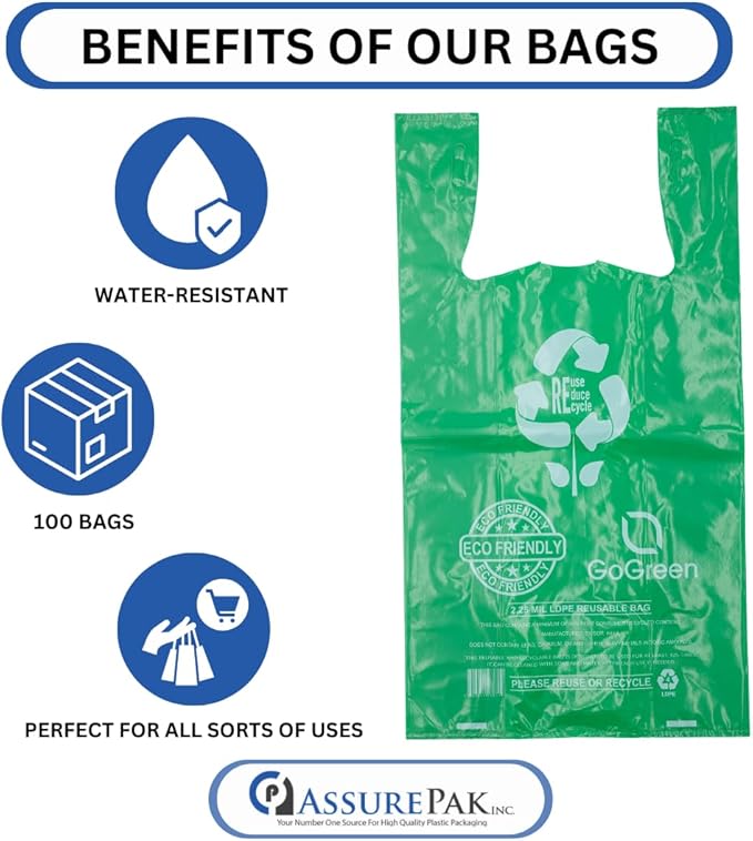 Green Reusable/Eco-Friendly LDPE T-Shirt - 16.5"x7.5"x29" - 180 Bags - 57 Micron (2.25 mil) - Green - GRNLD40REC225REU1729 - AssurePak