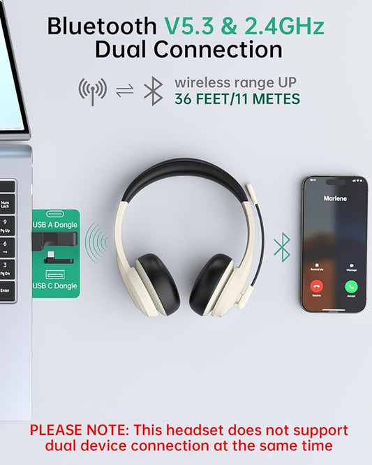 Wireless Headset with Mic for Work with AI Noise Cancelling Mic for Clear Calls, Bluetooth V5.3 Headphones with Microphone to USB A/C Dongle & Mic Mute for Computer Laptop PC iPhone (Apricot Black)