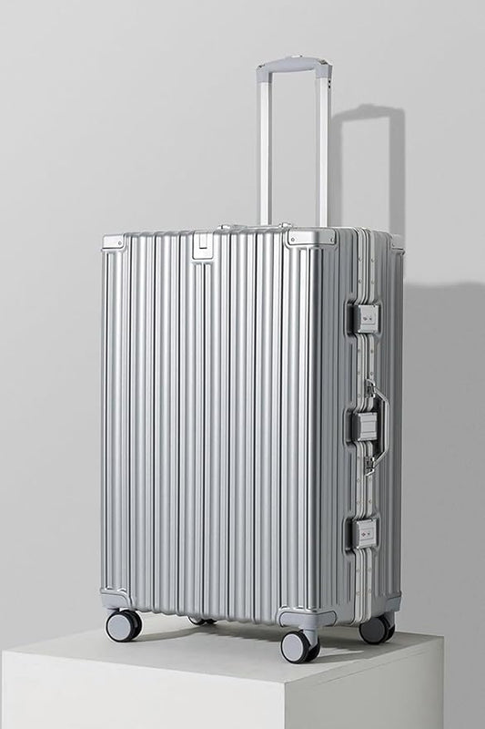 HotWay 24 Inch Aluminum Frame Luggage with Spinner Wheels, PC Hard Shell Suitcase with Cup Holder, Zipperless Luggage for Business Travel, Silver