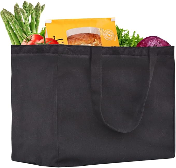 1 Pack Canvas Shopping Bags for Groceries, Holds 60 lbs Heavy Duty Reusable Canvas Grocery Bag, 8.3 gal Multi-Purpose Washable Canvas Grocery Bags Reusable Shopping Bags with 5 Pockets, Black