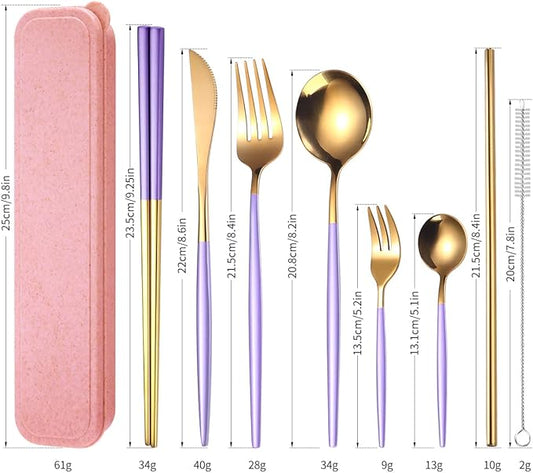 AARAINBOW 8 Pieces Stainless Steel Flatware Set Portable Reusable Cutlery Set Travel Utensils Set Including Chopsticks Knife Fork Spoon Straws Cleaning Brush Dishwasher Safe (Purple Golden)