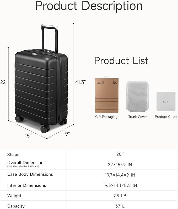 LUGGEX Carry On Luggage with Spinner Wheels - 20 inch Hardshell Suitcases - Accelerate Access with DiHook, Handy Pouch, TSA lock, Black