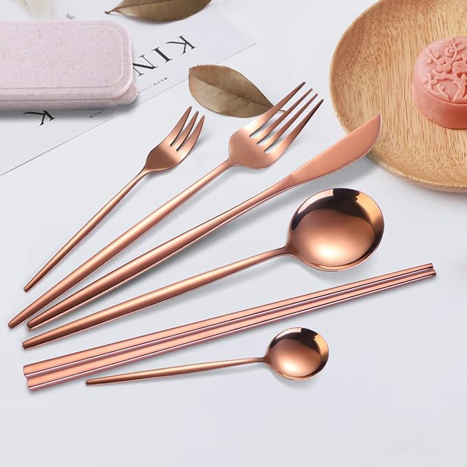 AARAINBOW 8 Pieces Stainless Steel Flatware Set Portable Reusable Cutlery Set Travel Utensils Set Including Chopsticks Knife Fork Spoon Straws Cleaning Brush Dishwasher Safe (Rose Golden)