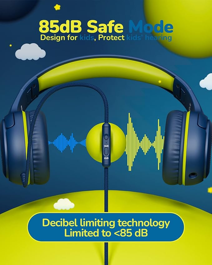 Kids Headphones Wired Toddler Headphones with Microphone, Over-Ear Headphones, 85/94dB Volume-Limiting, 3.5mm Jack, Foldable On-Ear Design (Bluegreen+Pink)