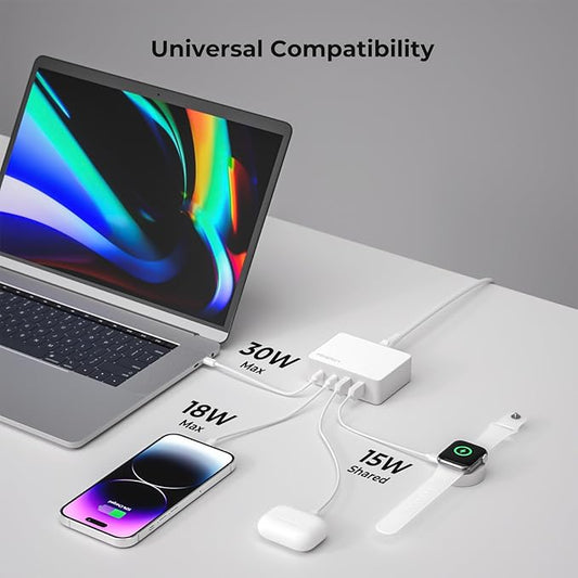 Fenergy 65W USB C Charger Block, GaN Fast Charging Station Hub, 4-Ports USB C and USB A Multiport Desktop Charger Adapter Plug Cube with 6ft AC Cable for iPhone 15 Pro Max/iPad/Galaxy/Tablet and More