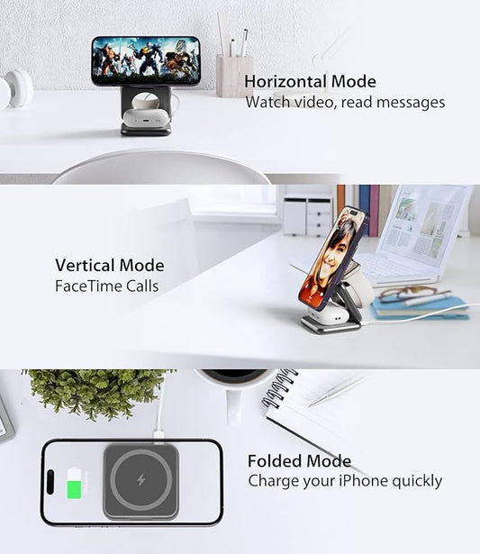 Foldable Magnetic Wireless Charger, KU XIU X40 Aluminum Alloy 3 in 1 Charging Station for Apple, Fast Magnetic Charger Stand for iPhone 16 15 14 13 12 Series, 5W for iWatch, AirPods 3/2/Pro, Gray