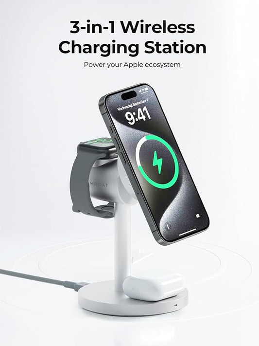 MagFusion 3-in-1 Charging Station Compatible with MagSafe, Qi2 Certified 15W Wireless Charger Stand, Magnetic Charger for iPhone 17/16/15/14/13/12 Series, Apple Watch, AirPods, Silver