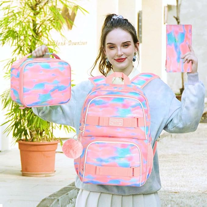 3Pcs Backpack for Girls Women, 17 Inches Tie-dye College School Bookbag Set for Teens Students, Water Resistant Laptop Backpacks with Lunch Bag(Pink)