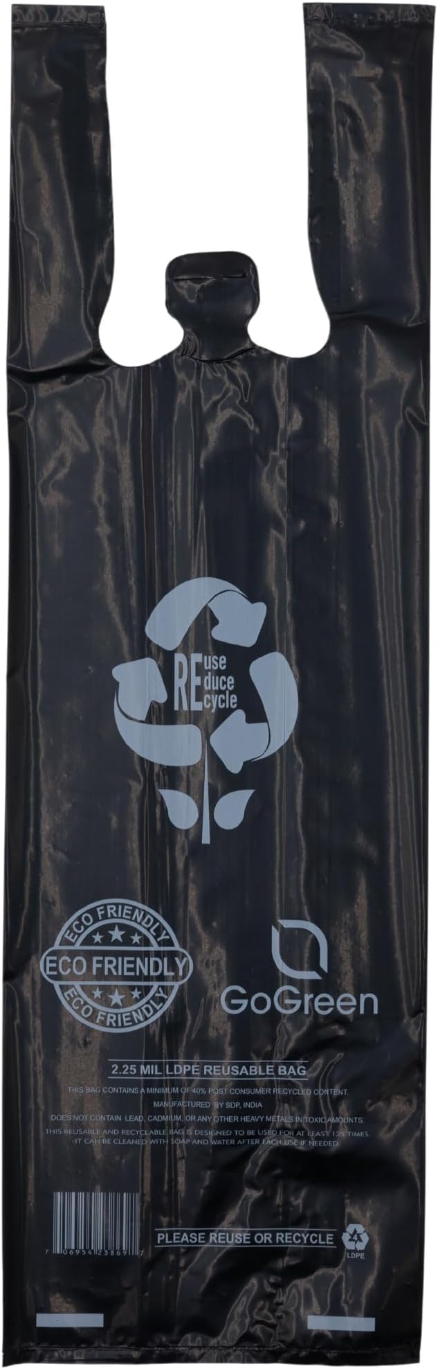 Black Reusable/Eco-Friendly LDPE T-Shirt - Single Bottle Bag 6"X4"X20" - 400 Bags - 57 Micron (2.25 mil) - Black - BLKLD40REC225REUSE6420