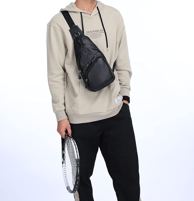 BULLCAPTAIN Men Sling Chest Bag Genuine Leather Casual Multipurpose Crossbody Shoulder Backpack Travel Hiking Daypack (Black)