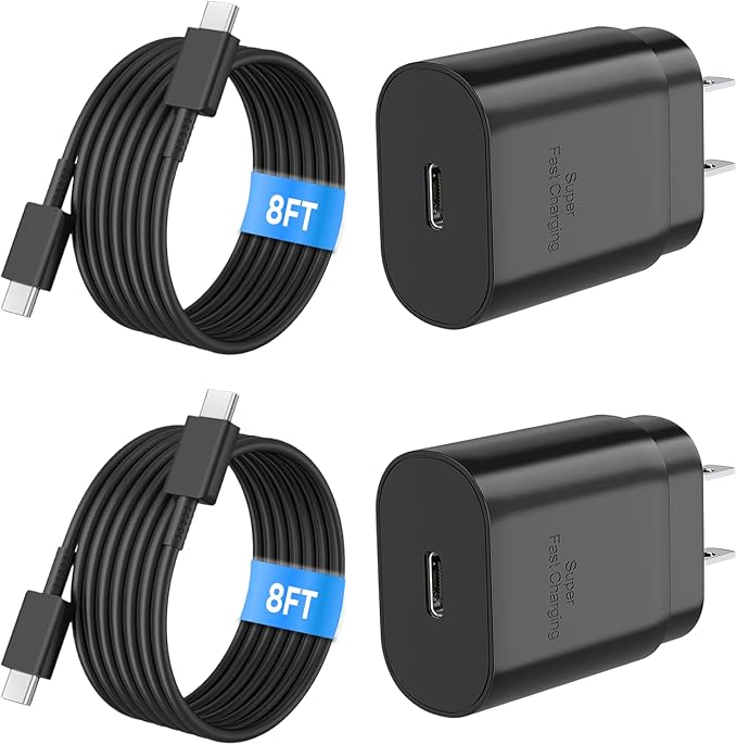 Super Fast Charger Type C, 25W USB C Wall Charger Fast Charging for Samsung Galaxy S24 Ultra/S24/S24+ /S23 Ultra/S23 /S22 Ultra/S22/S21 Ultra/S20 /Note 10 20 with 8ft Type C Charger Cord 2Pack