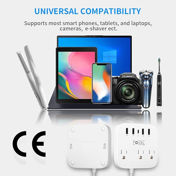 European Travel Plug Adapter, FOVAL EU UK US Power Strip with USB C and 4 USB Ports, 3 AC Outlets, Wall Mountable, 5ft Extension Cord, Compact for Travel, Cruise Ship, Home Office (White)