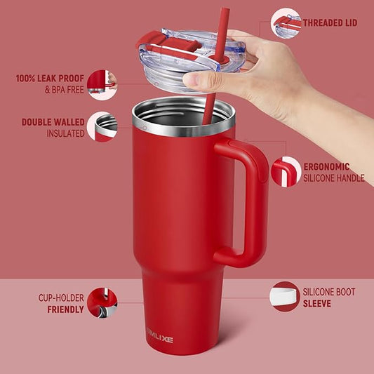 40 oz Tumbler with Handle and Straw Lid,Insulated Reusable Stainless Steel Water Bottle Travel Mug,Cupholder Friendly Double Wall Vacuum Sealed Cup (Cherry Red)