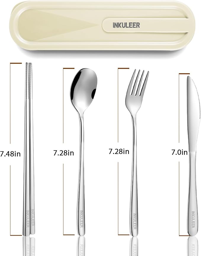 INKULEERTravel cutlery set, 18/8 stainless steel cutlery, Reusable utensils set with case, Portable Silverware Lunch Box for Camping and Office (Silver)