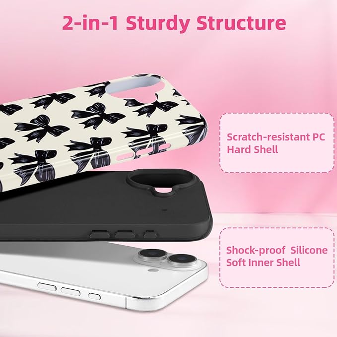 QLTYPRI Case for iPhone 16, Aesthetic Black Ribbon Bow Phone Case for Girls Women, Protective Hybrid 2-Layer Hard Shell Silicone Cover Durable Shockproof Phone Cover - Beige