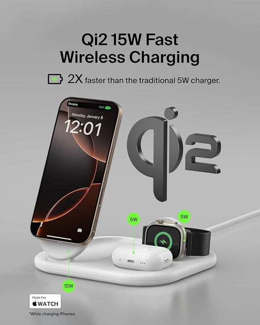 Belkin 3-in-1 MagSafe-Compatible iPhone Charger 15W, Foldable Magnetic Qi2-Certified Wireless Charging Station for iPhone 17, Apple Watch Series 10, AirPods 4, Pixel 10, w/Non-Slip Base & PSU - White