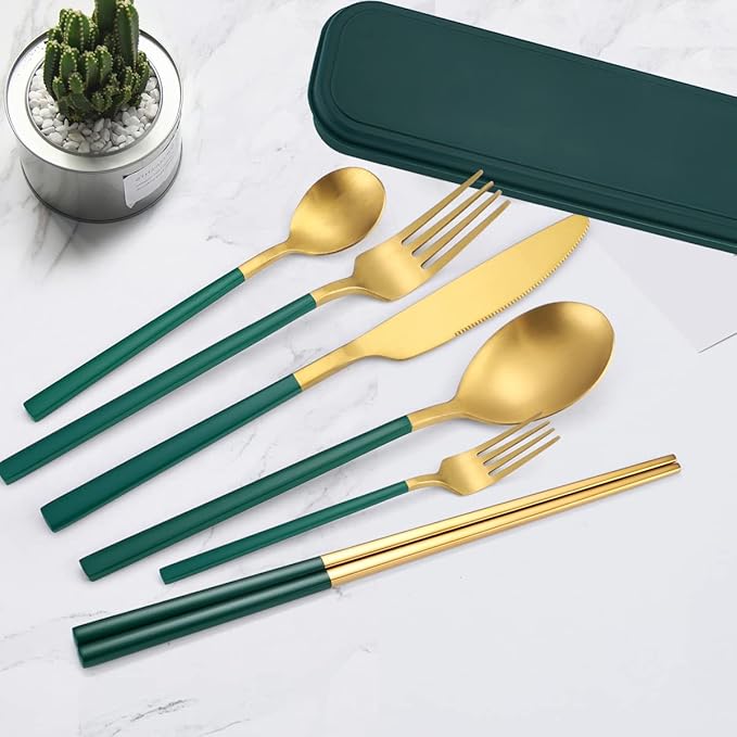 AARAINBOW 6 Pieces Stainless Steel Flatware Set Portable Reusable Cutlery Set Travel Utensils Set Including Chopsticks Knife Fork Spoon Straws Cleaning Brush Dishwasher Safe (B-Green golden)