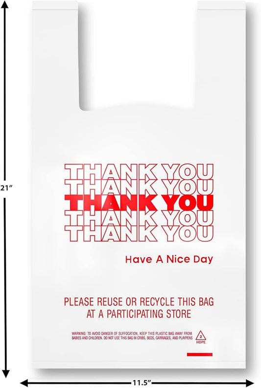 400 Pack Thank You T-Shirt Bags - Premium Quality 15 Mic (0.6 Mil) Thick Reusable Plastic Bags: 11.5" x 6.5" x 21