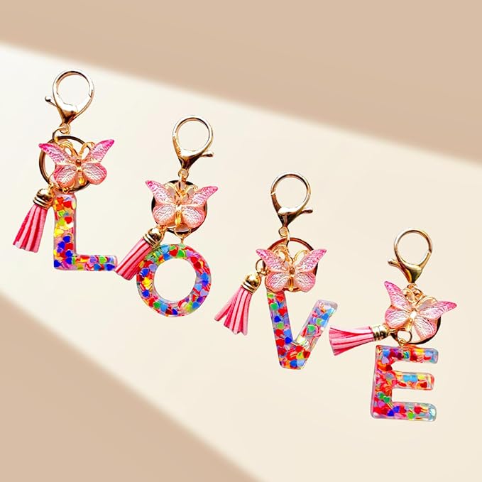 Cute Initial Letter Keychains for Women Girls Tassel Butterfly Pink Purple Green Keychain for Backpack School Bag
