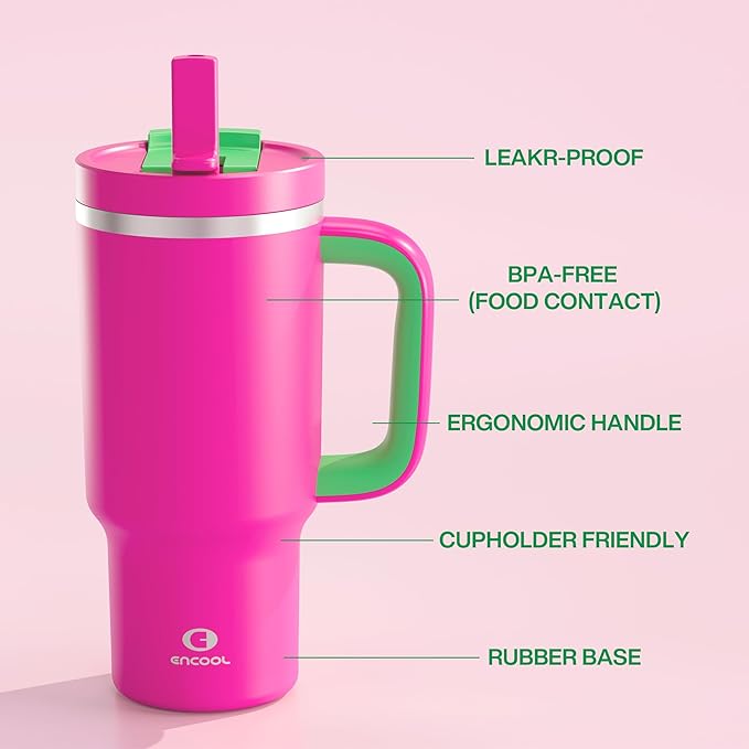 32 oz Tumbler with Handle and Straw: Stainless Steel Insulated Tumbler Keeps Cold for 24 Hours, Leakproof Travel Cup Fits in Cup Holder and BPA-Free, Knockout Pink