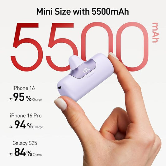 iWALK Portable Charger 5500mAh Next-Gen Small Power Bank 22.5W Fast Charging Battery USB-C Portable Phone Charger for iPhone 16/15 16 Plus 16 Pro Max iPad, Samsung Galaxy S25 S24 S23 Android, Purple