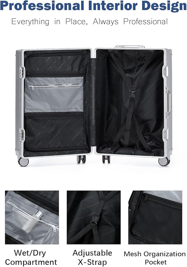 HotWay 20 Inch Aluminum Frame Carry On Luggage with Spinner Wheels, PC Hard Shell Suitcase with Cup Holder, Zipperless Luggage for Business Travel, Silver