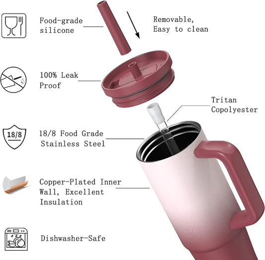 TILUCK 30 oz Tumbler with Handle, Vacuum Insulated Stainless Steel Travel Mug with 100% Leak-Proof Silicone Straw Lid, Cupholder Friendly Water Bottle(BurgundyGradient, 30oz)