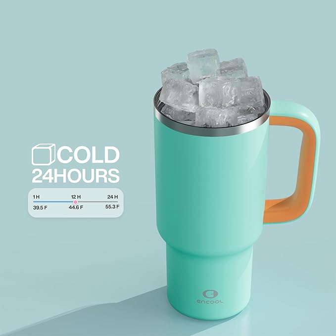 32 oz Tumbler with Handle and Straw: Stainless Steel Insulated Tumbler Keeps Cold for 24 Hours, Leakproof Travel Cup Fits in Cup Holder and BPA-Free, Soft Cyan