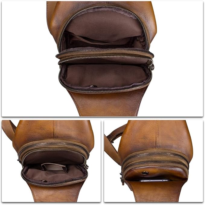 IVTG Genuine Leather Sling Bag for Men and Women Chest Shoulder Crossbody Hiking Backpack Vintage Handmade Daypack