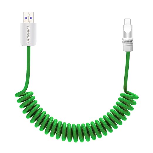 chubbycable Curly Chubby Retractable Fast Charging Cable 120W Coiled Charger Cord for Car Durable USB C Cable Compatible with iPhone 16/15 Series, Green, USB-A to Type-C, 1.3FT-2.3FT