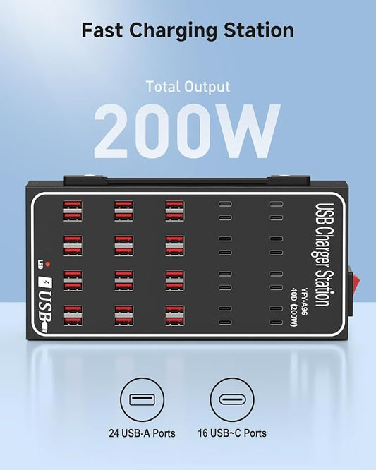 200W USB~c Charging Station, 40 Port (24 USB A & 16 USB~C Port) USB~C Charger Block, Fast Charging Station for Multiple Devices, Desktop USB Charger Compatible for iPhone, iPad, Tablets