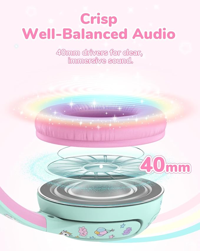 iClever BTH27 Toddler Headphones for 2+ Year Old-CPC Certified, 75/80dBA Safe Volume Limited, 74H Playtime, Bluetooth 5.4, BPA Free, Kids Bluetooth Headphones Aux Cord for Travel iPad, Green/Pink