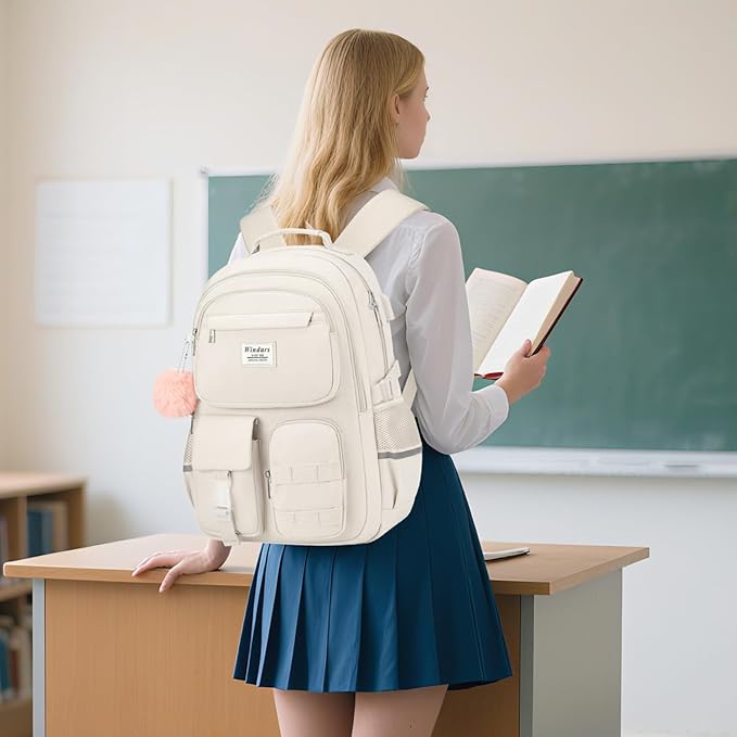 School Backpack for Teen Girls, Cute Laptop Backpack for Women Students, Middle High School Bags Aesthetic Bookbag for College Travel Fit 15.6 Inch Laptop (Beige)