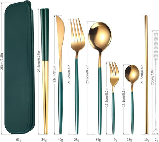 AARAINBOW 8 Pieces Stainless Steel Flatware Set Portable Reusable Cutlery Set Travel Utensils Set Including Chopsticks Knife Fork Spoon Straws Cleaning Brush Dishwasher Safe (Green Golden)