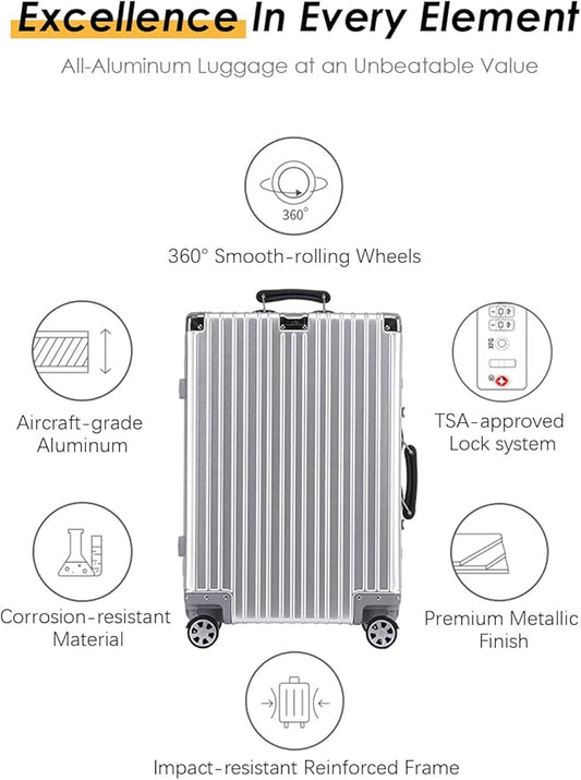 HotWay 28 Inch All Aluminum Checked in Luggage with Leather Handle, Hard Shell Zipperless Suitcase with TSA Locks and Spinner Wheels, Large Luggage for Business Travel, Gold