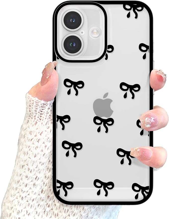 EYZUTAK Case for iPhone 17, Clear Cute Ribbon Bowknot Pattern Aesthetic Transparent Phone Case Raised Camera Protection Stylish Slim Soft Durable TPU Protective Cover for Women Girls - Black