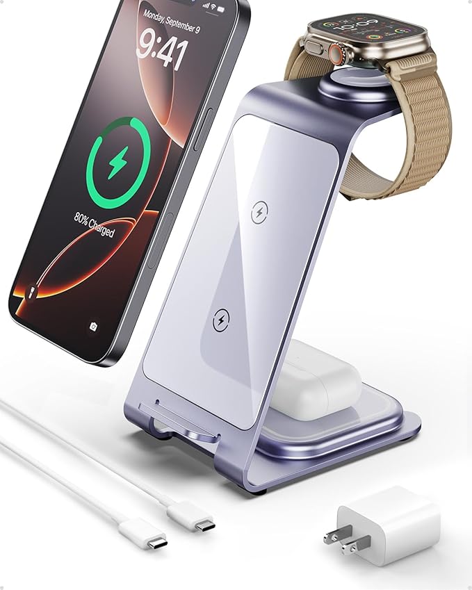 Intoval 3 in 1 Wireless Charging Station for iPhone 16 15 14 13 12 11 X Pro Max, Wireless Charger for Apple Watch Ultra 3 SE 9 8 7 6 5 4 3 2, for AirPods 4 Pro Pro 2 3 (Y93, Lavender)
