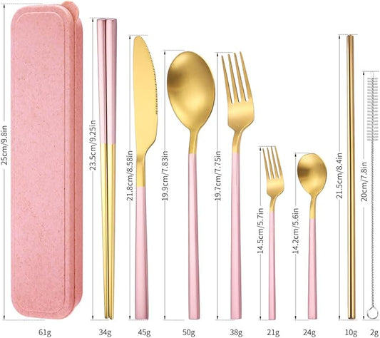 AARAINBOW 6 Pieces Stainless Steel Flatware Set Portable Reusable Cutlery Set Travel Utensils Set Including Chopsticks Knife Fork Spoon Straws Cleaning Brush Dishwasher Safe (B-Pink golden)