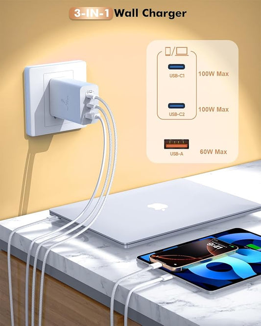 100W USB C Charger,3Ports USB C Laptop Charger Fast Charger with TypeC to TypeC Cable 6FT Woven Cable for Macbook,Macbook Air,Macbook pro,iPhone 16/Plus/Pro/Pro Max,15/Plus/Pro/Pro Max,iPad10 and More