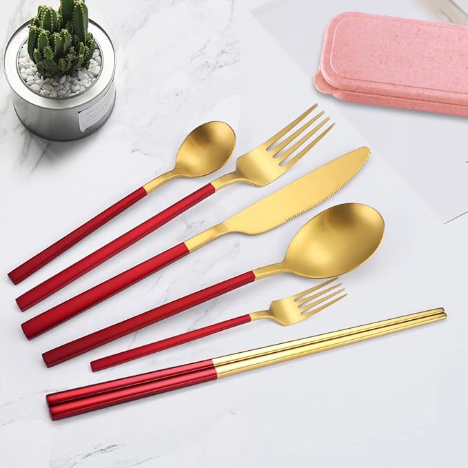AARainbow 8 Pieces Stainless Steel Flatware Set Portable Reusable Cutlery Set Travel Utensils Set Including Chopsticks Knife Fork Spoon Straws Cleaning Brush Dishwasher Safe (B-Red Golden)
