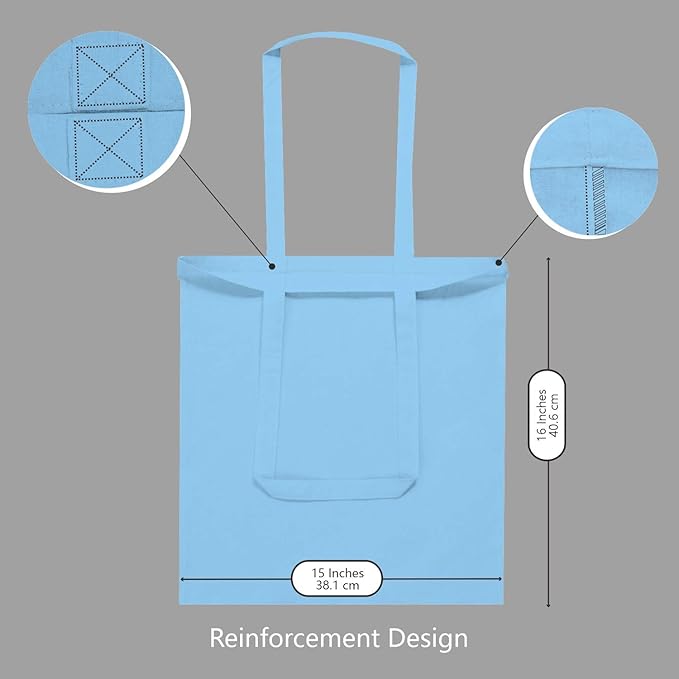 TOPDesign 24-Pack Economical 16"x15" Baby Blue Cotton Tote Bag, Lightweight Medium Reusable Grocery Shopping Cloth Bags, Suitable for DIY, Advertising, Promotion, Gift, Activity