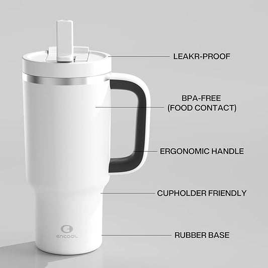 32 oz Tumbler with Handle and Straw: Stainless Steel Insulated Tumbler Keeps Cold for 24 Hours, Leakproof Travel Cup Fits in Cup Holder and BPA-Free, Polar White