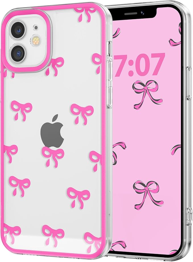 EYZUTAK Case for iPhone 12, Clear Cute Ribbon Bowknot Pattern Aesthetic Transparent Phone Case Raised Camera Protection Stylish Slim Soft Durable TPU Protective Cover for Women Girls - Rose Red