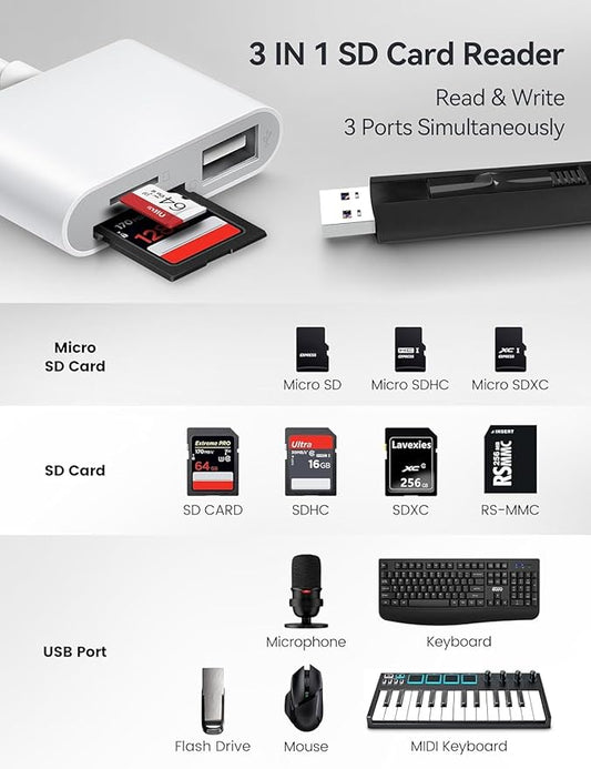 3-in-1 USB-C SD Card Reader, Multi-Port Adapter for Memory Cards and USB Devices