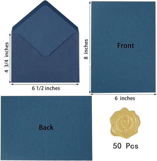 50 Pack Navy Blue A6 Envelopes with Cards 4x6 Thick Folded Cardstock and Gold Stickers for Greeting Cards, Wedding, Birthday, Invitations, Baby Showers (Navy Blue, 4x6)